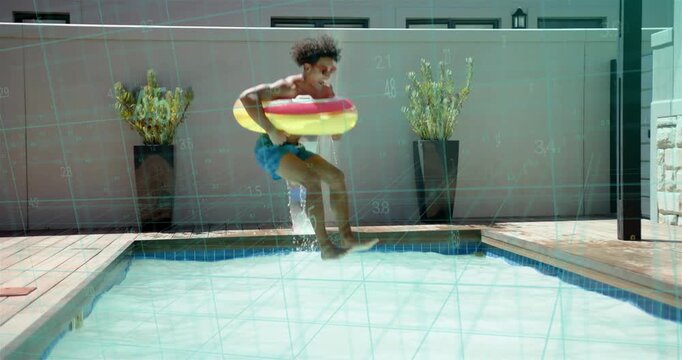 Adult male running causing jump into pool with donut ring splashing waterfall surfacing for health