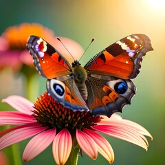 Butterfly with detailed wings rests on a pink flower, sunlit background