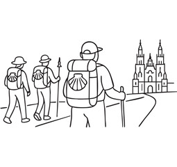 Pilgrims walking to santiago de compostela cathedral on camino