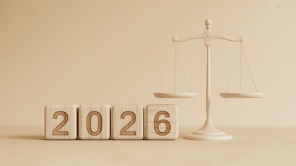 Conceptual view of 2026 with justice scales, signifying future legal reforms, ethical decisions, and evolving regulatory policies