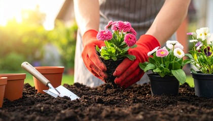 赤い手袋の人が家の庭でスコップを使い鉢植えの花を植える温かい光の中のガーデニングシーン