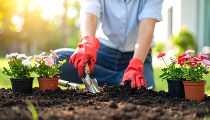 Fototapeta premium 赤い手袋の人が家の庭でスコップを手に花を鉢に植える日差しの中の穏やかなガーデニングシーン