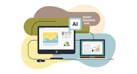 A modern illustration shows a computer setup with AI integration, symbolizing a smart business hub and technological advancement.