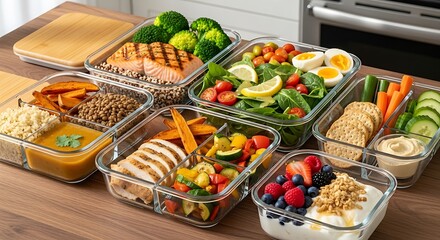 Healthy Meal Prep Containers with Freshly Cooked Food on a Wooden Table.