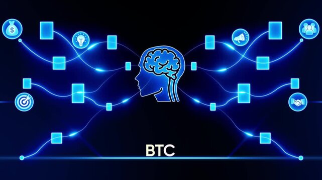 Digital Brain Network Connecting Cryptocurrency Icons and Business Concepts with BTC Text bitcoin blockchain - Powered by Adobe