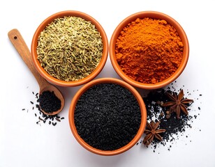 Assortment of vibrant spices in terracotta bowls on a white surface