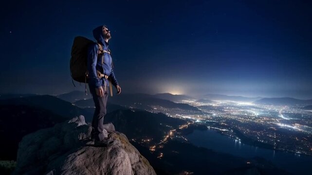 Man on Mountain at Night Raising Hands in Victory After the Climb