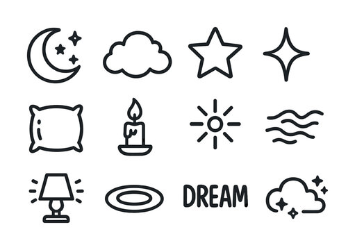 Sleep icons set: moon, cloud, star, pillow, candle, dream symbols