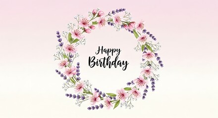 Happy birthday floral wreath with cherry blossoms and lavender on a soft pink gradient background