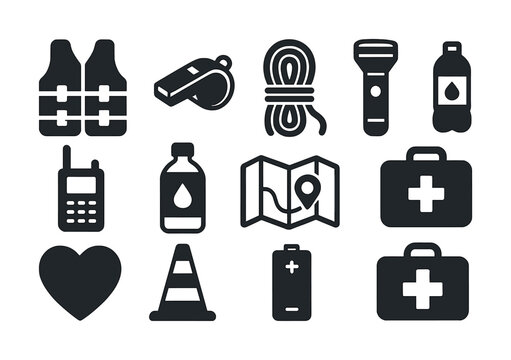 Camping and safety gear icons: maps, first aid, flashlight, life vest, whistle