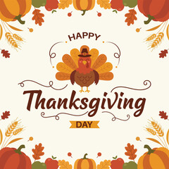 
Happy Thanksgiving Day illustration featuring turkey bird, pumpkin, autumn leaves, and festive decorative elements in a colorful flat cartoon hand drawn style for holiday templates.