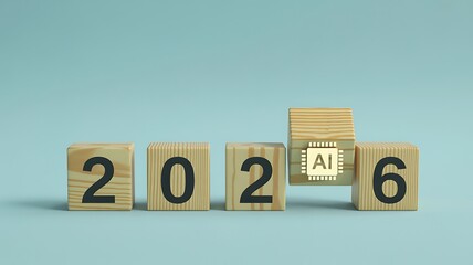 The Future of 2026 Wooden Blocks Displaying Year with AI Chip Symbol Representing Technological Advancement
