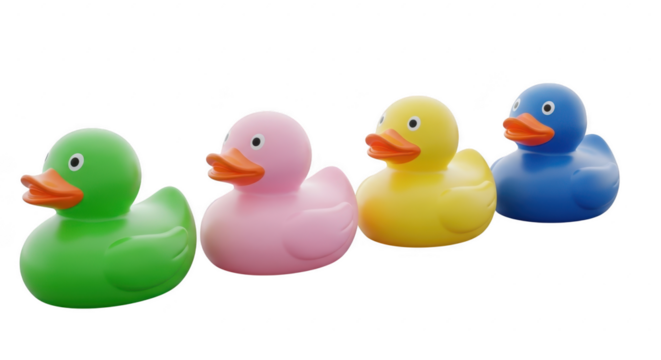 Four colorful rubber ducks lined up for playtime fun and bath time enjoyment illustration