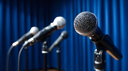 Microphones standing on a stage with a blue curtain backdrop, symbolizing public speaking, media communication, interviews, announcements, and important discussions at a press conference or event