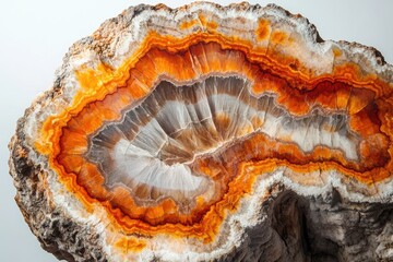 Obraz premium Vibrant cross-section of an agate or geode, revealing intricate concentric layers of rich orange, white, and earthy tones with crystalline structures.