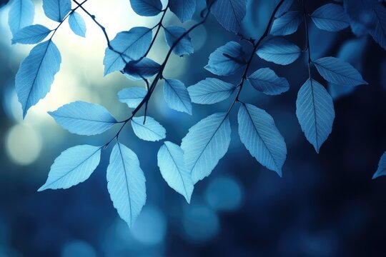 Ethereal blue leaves glowing translucently on delicate branches, set against a dreamlike bokeh background, capturing nature's serene beauty.