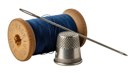 Vintage spool of blue thread needle and thimble for sewing and crafting projects illustration