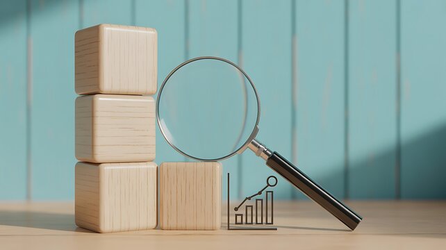 Strategic business analysis for growth and success, examining financial performance with a magnifying glass and rising graph icon on a wooden desk