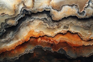 Fototapeta premium Natural stone texture, likely onyx. Layered patterns in cream, gold, orange, red, brown, dark hues. Abstract geological formations. Earth's beauty.