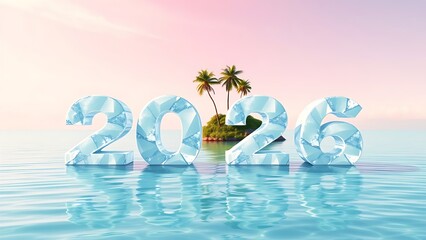 Crystal clear numbers 2026 floating on tranquil water with tropical island background