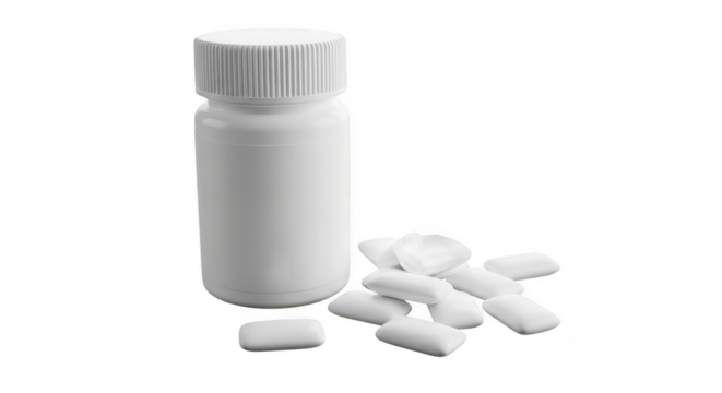 Small white pill bottle and scattered capsules for medical or pharmaceutical needs illustration