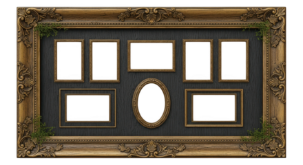Ornate picture frame with multiple black rectangular and oval photo openings ready for images illustration