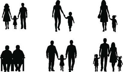 Family scenes, parents and children, elderly couple, holding hands, generational bond, care, love, support, unity, flat vector illustration