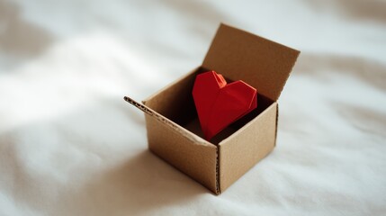 Red Origami Heart Inside Cardboard Box A Romantic Gift Symbolizing Love and Care for Valentine