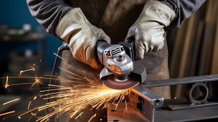 Industrial worker using angle grinder creating bright sparks in workshop