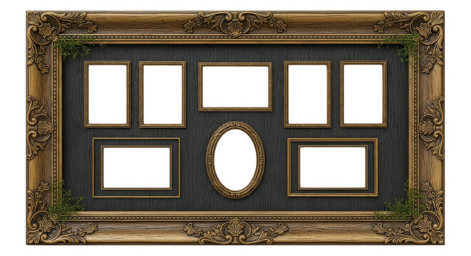 Ornate picture frame with multiple black rectangular and oval photo openings ready for images illustration