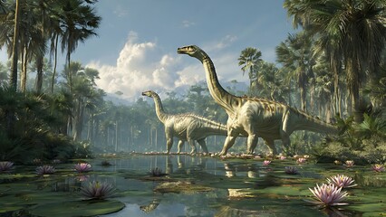 Two long necked dinosaurs drinking water in a lush prehistoric jungle landscape