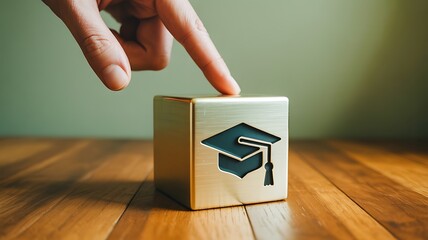 Golden cube with graduation cap icon touched by a finger, symbolizing educational achievement and success in learning