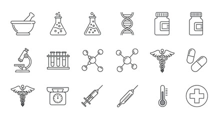 Fototapeta premium Collection of Outlined Medical Icons Representing Healthcare, Science, and Medicine.