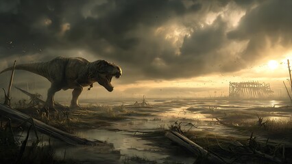 Majestic tyrannosaurus rex stalks a prehistoric landscape under a dramatic stormy sky at sunset