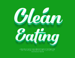 Naklejka premium Vector Promo poster Clean Eating. Stylish White 3D Font. Modern Cursive Alphabet Letters and Numbers set.