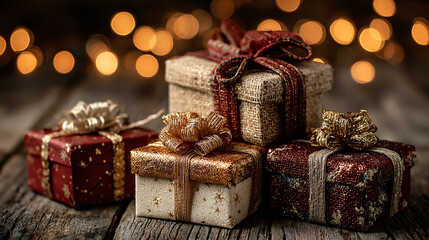 A stack of beautifully wrapped gift boxes in red and gold, tied with shiny ribbons and bows, arranged on a rustic wooden surface. 