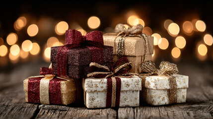 A stack of beautifully wrapped gift boxes in red and gold, tied with shiny ribbons and bows, arranged on a rustic wooden surface. 