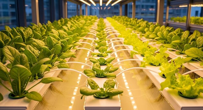 Hydroponic indoor farm with rows of green leafy vegetables growing under artificial lights, showcasing modern sustainable agriculture.