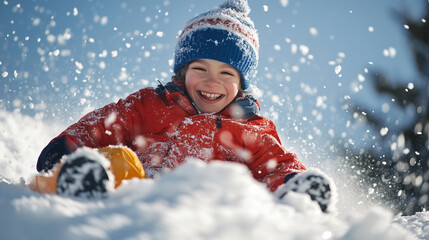 
Boy sledding down snowy hill, cheerful winter activity.

