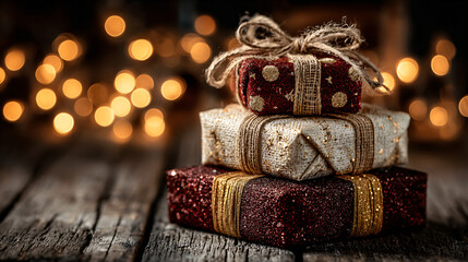 A stack of beautifully wrapped gift boxes in red and gold, tied with shiny ribbons and bows, arranged on a rustic wooden surface. 