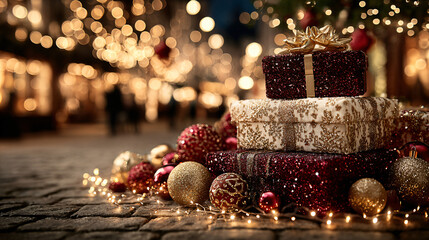 A festive pile of red and gold presents arranged neatly under a sparkling Christmas tree, surrounded by ornaments and string lights. 