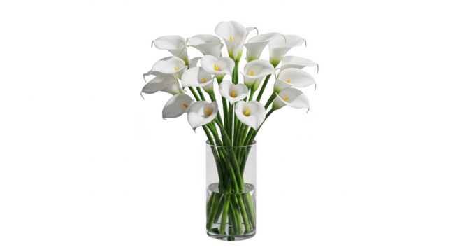Elegant white calla lily bouquet in a clear glass vase arrangement illustration