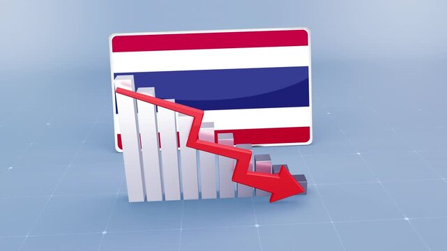 Thailand Flag and Bar Chart Graph Showing Decreasing Values a Red Arrow Economic Crisis Concept