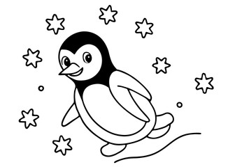 Cute cartoon penguin character with happy expression surrounded by whimsical stars and snowflakes in a simple line art drawing