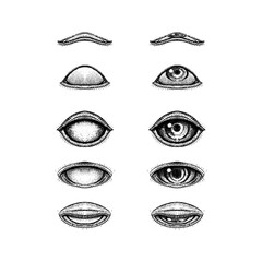various stages of human eye expressions, drawn in a vintage dotwork style. The artwork captures realistic anatomy of the eyelid, pupil, and eyelashes.