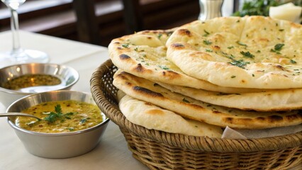 Stack of golden Indian butter naan bread in a woven basket