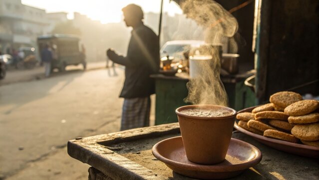 Steaming cup of chai tea on a clay saucer in street stall