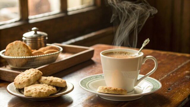 Steaming cup of masala chai tea with biscuits in cozy setting