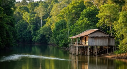 Obraz premium Rustic wooden cabin on stilts beside a tranquil river in lush green forest