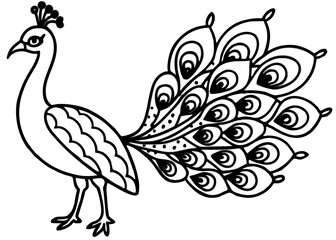 Fototapeta premium Elegant black and white line drawing of a peacock with a decorative patterned tail and crest